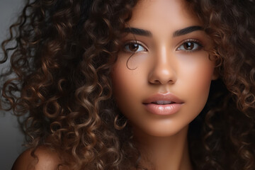 Close up Woman with dry frizzy and thirsty natural curly hair - obrazy, fototapety, plakaty