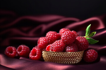 Dark luxurious clean background, in the spotlight raspberry fruits, decorated with gold ornaments