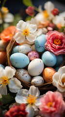 Easter eggs hidden in a blooming garden for an egg hunt