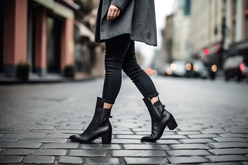 Fashionable female legs with stylish boots on a gray city street - obrazy, fototapety, plakaty