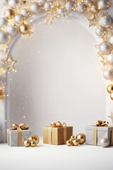 Minimal christmas wreath and gifts backdrop, stars, Christmas decorations, angels, balls , studio lighting, clean light background