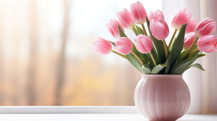 Obraz na płótnie Canvas Pink tulips in a white vase on a window sill,