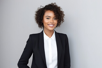 Portrait of young black woman wearing a suit smiling on grey background
