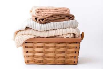 Wooden basket with clothes white background