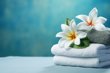 Fototapeta na wymiar Zen stones flowers and towels on light blue background convey spa and wellness concept Promote