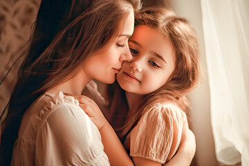 Happy woman enjoying in daughter's affection on Mother's day.
