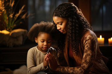 Black mother and daughter pray in the room - obrazy, fototapety, plakaty