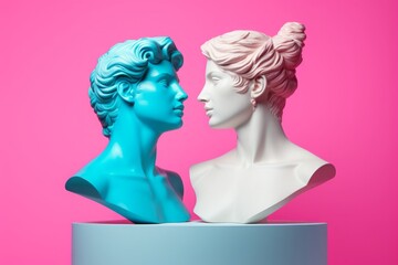 Male and female busts in shape of Greek marble sculptures facing each other closely, looking at each other, eyes locked. Minimal concept of love, sensuality and intimacy. Pink and blue pastel colors. - obrazy, fototapety, plakaty