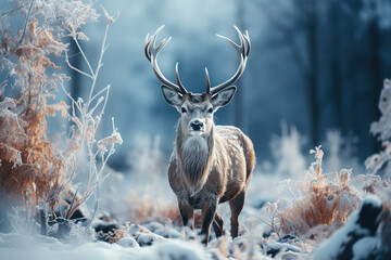 A beautiful red deer with big antlers in winter in the forest near the river on a foggy morning, AI generation