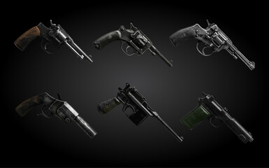 Vintage guns. Old pistols and revolvers set. Retro classic handguns illustration.