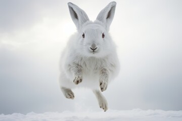 Captivating Arctic Hare Mid-Leap in Its Fluffy White Winter Habitat