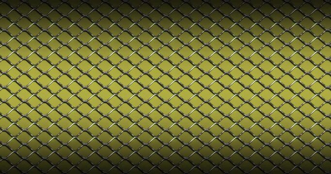 Luxury golden metal Fence Wire Mesh grid Seamless Pattern Background. Luxury Golden curved zig zag wavy lines pattern moving from right to left seamless looped animation over yellow color background.