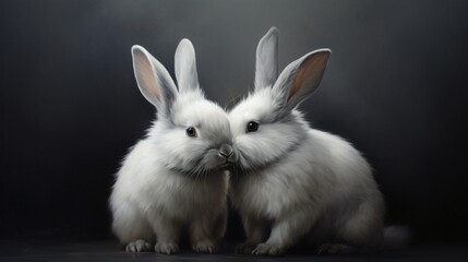 A pair of bonded rabbits sharing a quiet moment, noses touching in a gesture of affection.