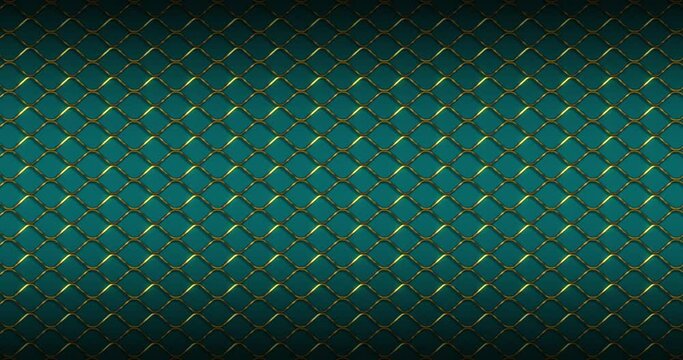 Luxury golden metal Fence Wire Mesh grid Seamless Pattern Background. Luxury Golden curved zig zag wavy lines pattern moving from right to left seamless looped animation over cyan color background.