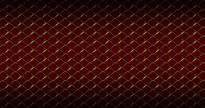 Luxury golden metal Fence Wire Mesh grid Seamless Pattern Background. Luxury Golden curved zig zag wavy lines pattern moving from right to left seamless looped animation over red color background.
