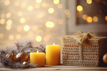 fondo festivo navideño en tonos amarillos con cesta de crochet sobre mesa adornada con velas,...