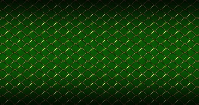 Luxury golden metal Fence Wire Mesh grid Seamless Pattern Background. Luxury Golden curved zig zag wavy lines pattern moving from right to left seamless looped animation over green color background.