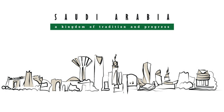 Hand drawn line art vector of skyline of saudi arabia. The saudi Kingdom postcard