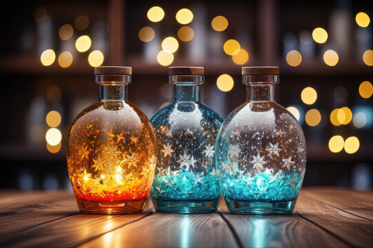 tres botellas de vidrio ovaladas de licor de tonos turquesa y naranja con motivos de copos de nieve blancos y tapones de corcho, , sobre mesa de maera y fondo con bokeh desenfocado anaranjado