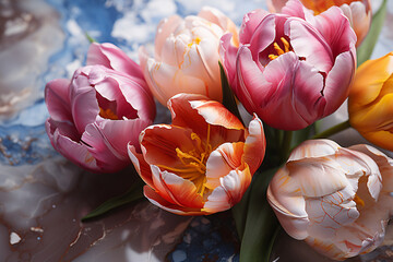 tulips, a bouquet of flowers on a marble surface. floral background.