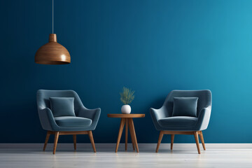 Modern cozy living room with two chairs and little table on deep blue background. Generative AI
