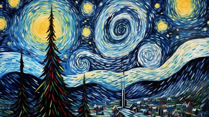 A painting of the starry night, christmas version, decorated christmas tree, Constructivism, 16k, high resolution, van gogh style