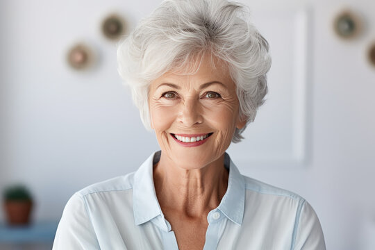 retrato de  una mujer madura  con pelo blanco corto sonriente sobre fondo de pared blanca decorada