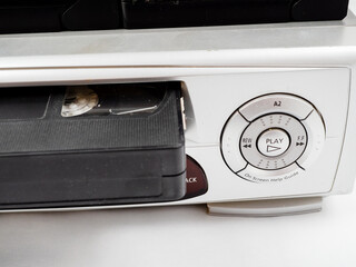 VHS cassette video recorder on a white background. Retro video recorder.