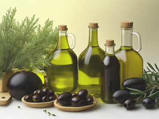 Olive oil pourer with branch of green olives