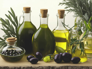 Olive oil pourer with branch of green olives