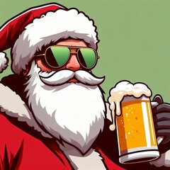 un Santa Claus con gafas de sol bebiendo cerveza