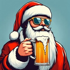 Un Santa Clus con gafas de sol tomando cerveza