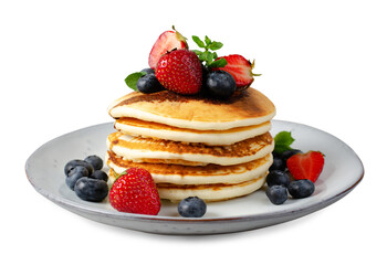 Pancakes with Fresh Berries and Maple Syrup, Tasty Breakfast White Isolated Background