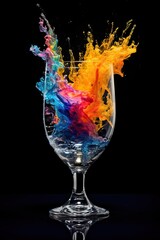 Water, an explosion of color in a crystal vase, the vase shatters with the liquid, complicated liquid art, bright soft transparent colors, the colors are reflected on the glass table, black background