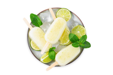 Refreshing Lime Popsicles, Brazilian Lemonade Ice Lolly with Fresh Lime and Mint, White Background