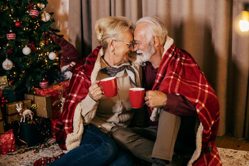 A senior couple is hugging and cuddling near christmas tree on christmas and new year's eve.