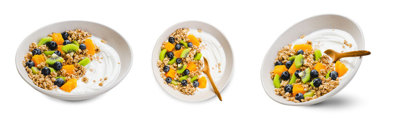 Yogurt with Granola, Kiwi, Blueberries, and Orange in a Bowl, Healthy Snack or Breakfast, White Background