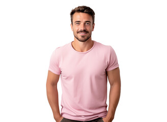portrait of a happy man with a friendly smile in pink clothes, pleasant, cheerful, positive joyful person