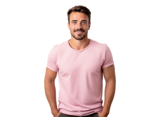 portrait of a happy man with a friendly smile in pink clothes, pleasant, cheerful, positive joyful person