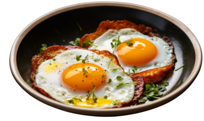 A gourmet serving of fried eggs on toast. Top star restaurant