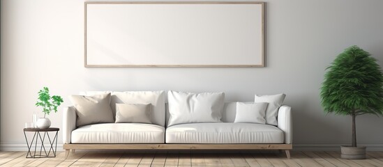 White living room with wooden floor and long sofa poster above mock up