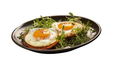 Two fried eggs with microgreens garnish on an elegant plate.