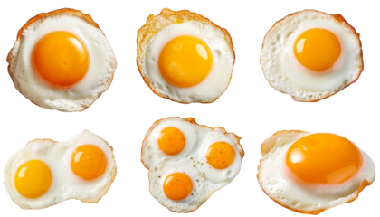 A set of 6 fried eggs of various counts. Transparent PNG 