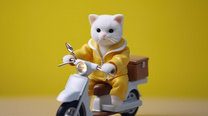 This white little cat is a deliveryman, very cute, wearing a yellow delivery suit and riding a bike to deliver pizza