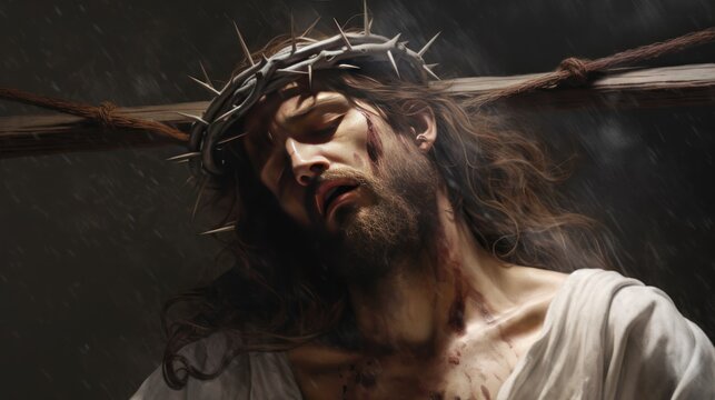 Jesus Christ with crown of thorns and blood on his face. Jesus. Christianity Concept. 