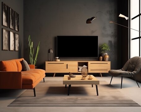 the living room has walls in black and a big brown wooden tv, in the style of graphic design poster art, superflat style, neoclassical clarity, urban signage, 32k uhd, matte photo, high resolution