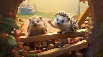 A pair of playful hedgehogs exploring a miniature obstacle course, quills visible and noses...