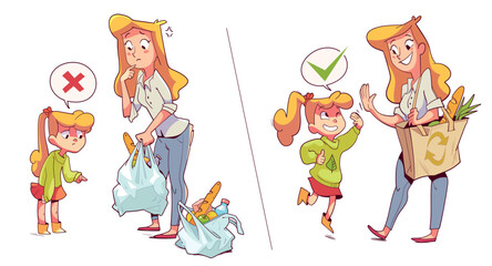 Mom and daughter use an eco bag or a plastic bag for shopping. Right choice to support conservation. Cartoon style. Colorful cartoon character. Funny vector illustration. Isolated on white background