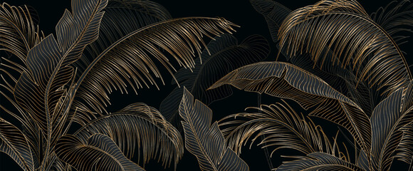 Luxury black and white art background with tropical palm leaves in golden line art style. Botanical banner with exotic plants for decoration, print, textile, wallpaper, interior design. © VectorART