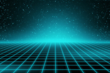 Blue space technology light grid line field with sky particles abstract background